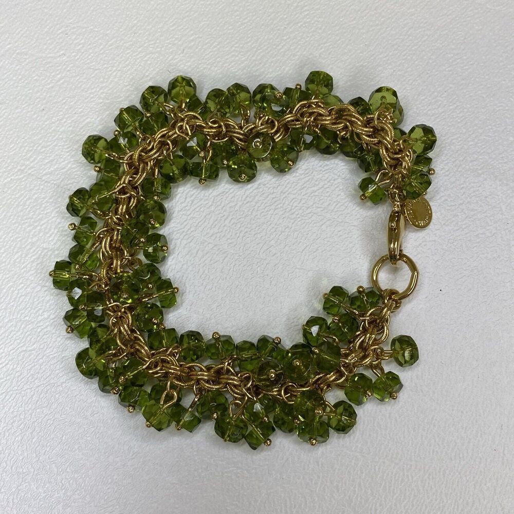 Roberta Chiarella Green Crystal Dangle Beaded Bracelet Gold Tone